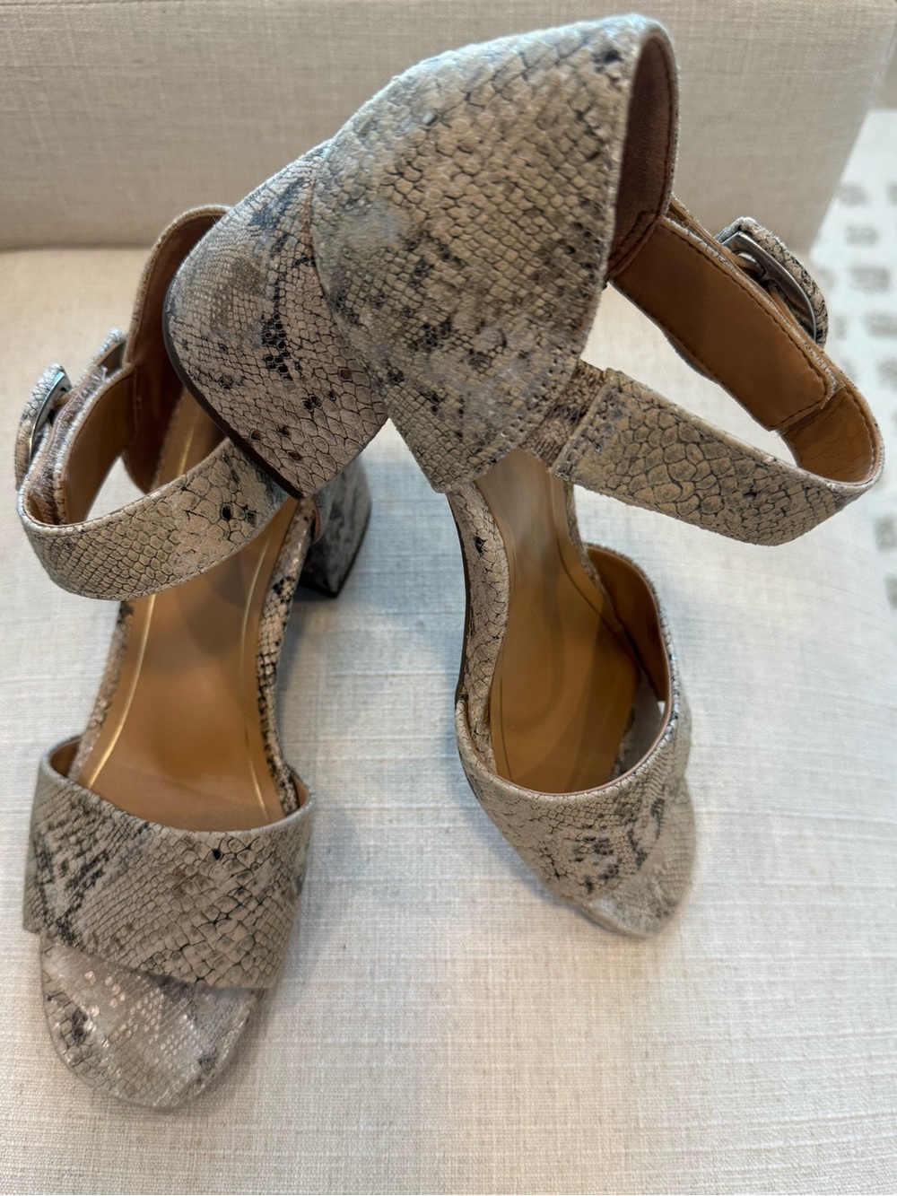 Vionic Snake-Print Ankle Strap Sandals in Taupe and Cream